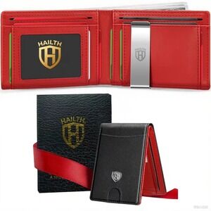 Hailth Mens Bifold Money Clip Wallet Black Red Leather Slim RFID Blocking Box